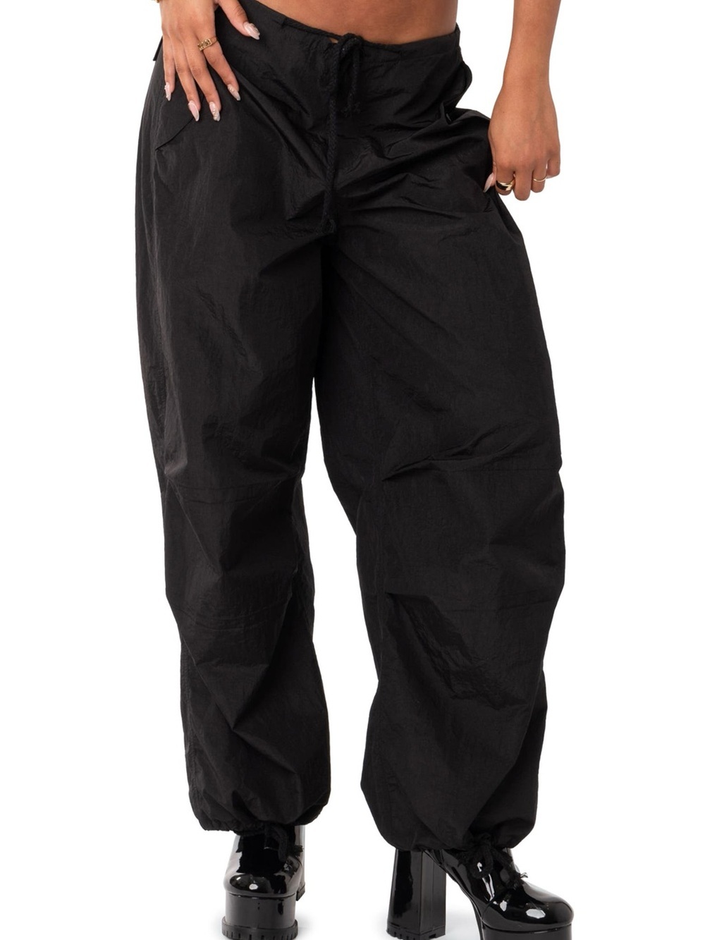 Edikted Black Cargo Parachute Drawstring Pants NWT